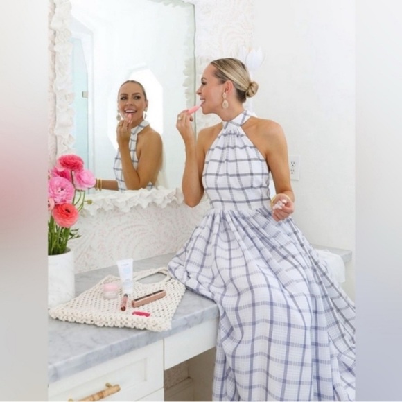 Gianni Bini x Venita Aspen Tinsley Plaid Maxi Dress Halter Ivory/Navy Sz 4 NWT - Picture 5 of 13